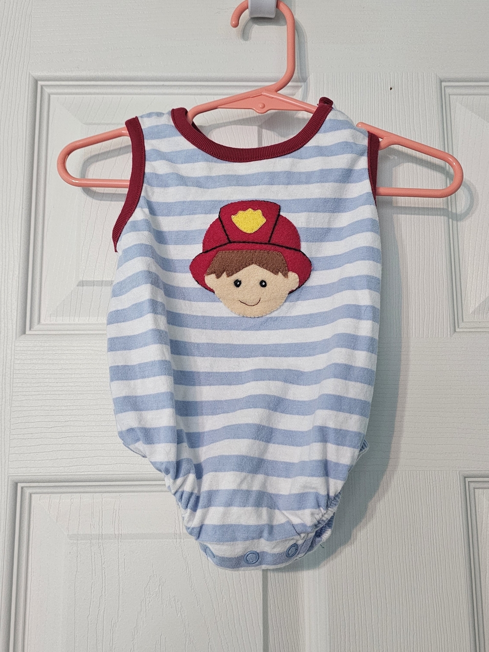 Striped Blue & White Baby One-Piece Bodysuit with Firefighter Applique